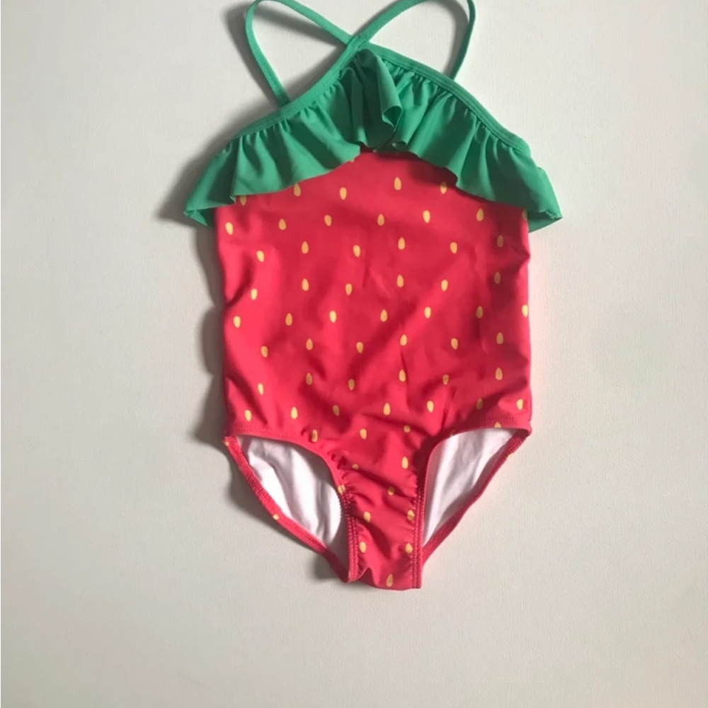 Girls' Strawberry Print One-Piece Swimsuit with Green Ruffle